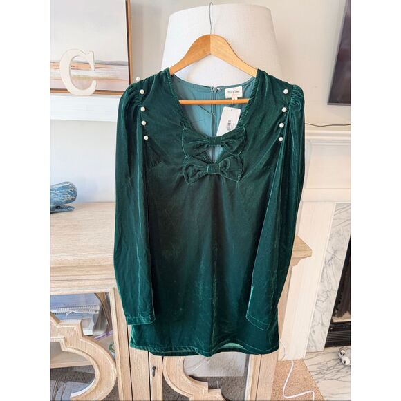 NWT Peach Love California Tarin Velvet Bow Dress in Green Size Small - Picture 3 of 9